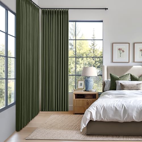 MIULEE Olive Green Pinch Pleated Linen Blackout Curtains 40x108 Inches (Pack of 2, Loden)
