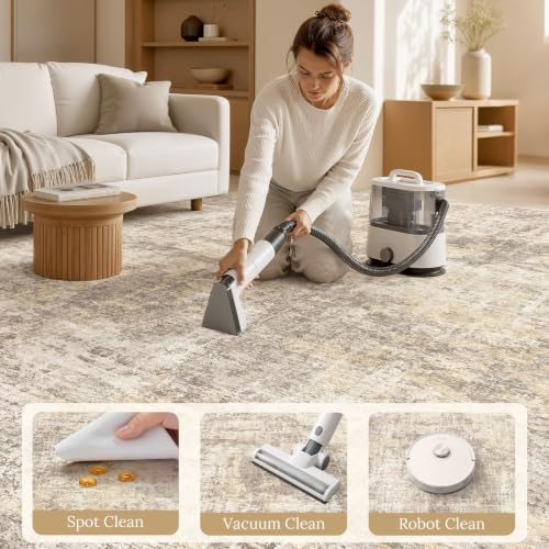 Cotiled Beige 9x12 Area Rug - Washable Soft Abstract Living Room Carpet