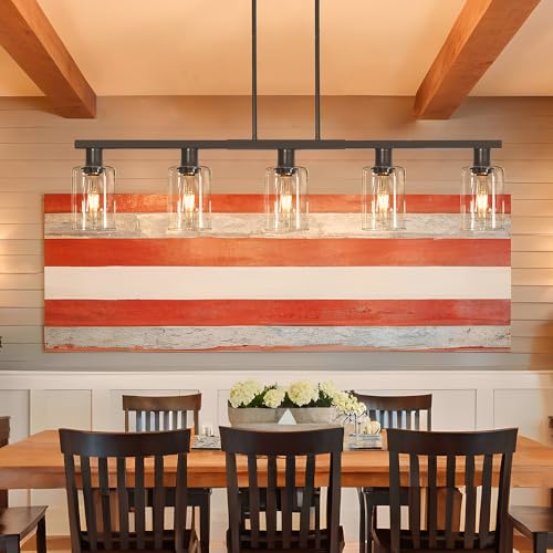 5-Light Farmhouse Pendant Light Fixture - Black + Clear Glass, 40in Adjustable