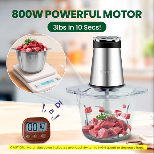 BUMET 800W Food Chopper with Dual 12-Cup Bowls & LED Timer, 6-Blade Kitchen Food Processor