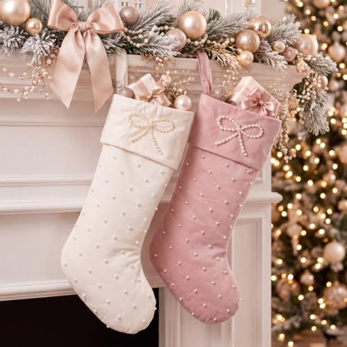 2 Pack 23 Inch Christmas Stockings with Hand-sewn Pearls, Elegant Bow