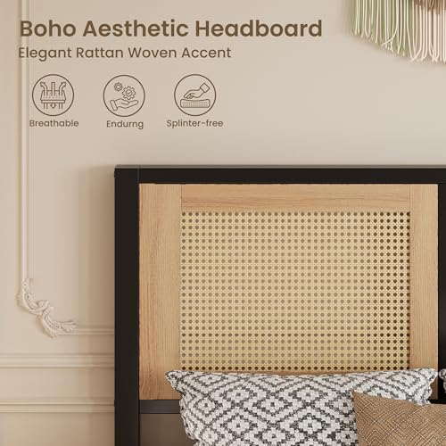 Twin Rattan Bed Frame with Headboard - Boho Metal Platform Bed, No Box Spring Needed