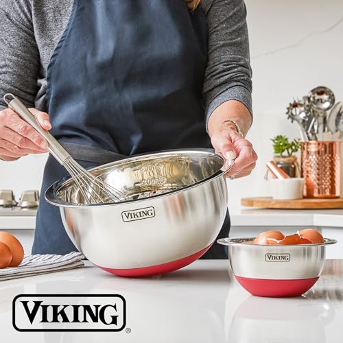 Viking 10-Piece Stainless Steel Mixing Bowl Set with Red Non-Slip Silicone Base & Lids