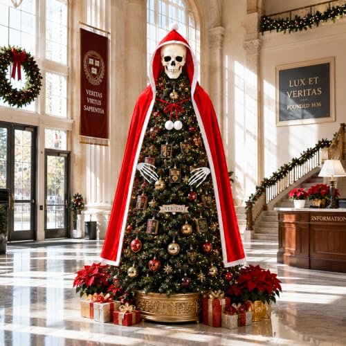 8-Inch Gothic Skull Tree Topper with Red Cloak & Skeleton Hands for Christmas Decor