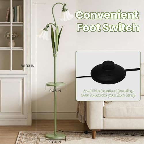 Snoslme Matcha Green Funky Flower Floor Lamp with Table, Adjustable Gooseneck, 3 Color Temperatures, LED Bright Standing Lamp for Living Room & Bedroom