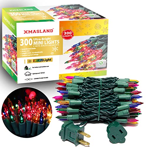 XMASLAND Ultra-Bright 300-Count Connectable Green Wire Mini Christmas Lights (2 Sets of 150) 63.8ft