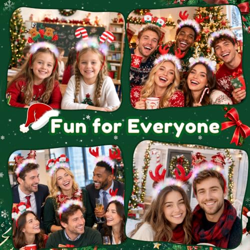 9 Pack Light Up Christmas Headbands with 3 Modes - Assorted Xmas Headwear for Adults & Kids
