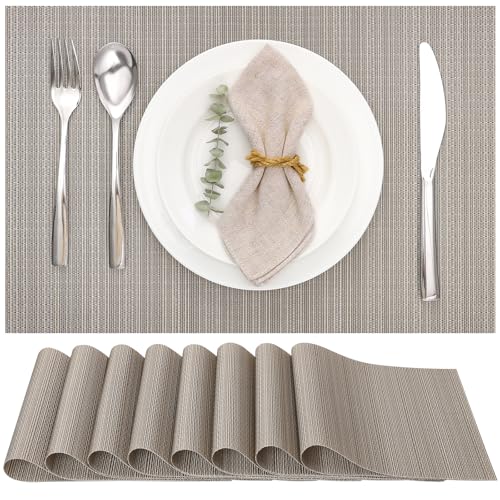 Myir JUN Golden Silver Placemats Set of 8 - 17 x 12 inch PVC, Non-Slip & Easy-Clean