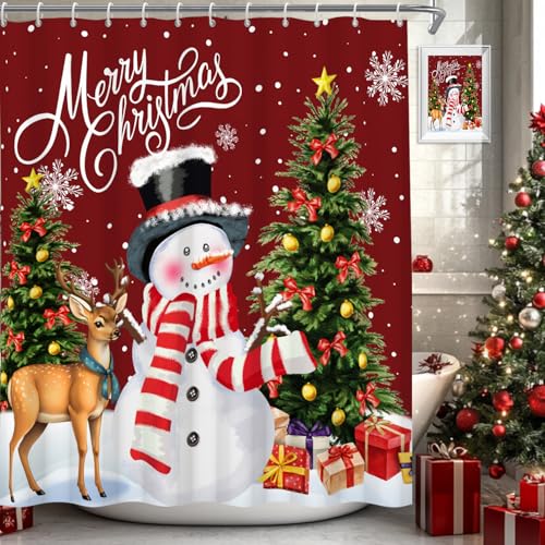 Canessioa Christmas Shower Curtain 72x72 in with Hooks Waterproof Polyester - Red Brown