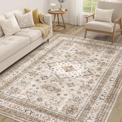 Cotiled 6x9 Beige Area Rug - Washable Traditional Vintage Carpet for Living Room