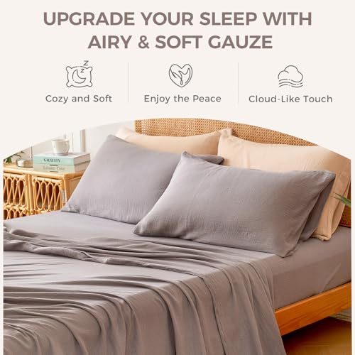 LUTBM King 100% Cotton Muslin Sheet Set Gray - 4 Piece Breathable Bed Sheets