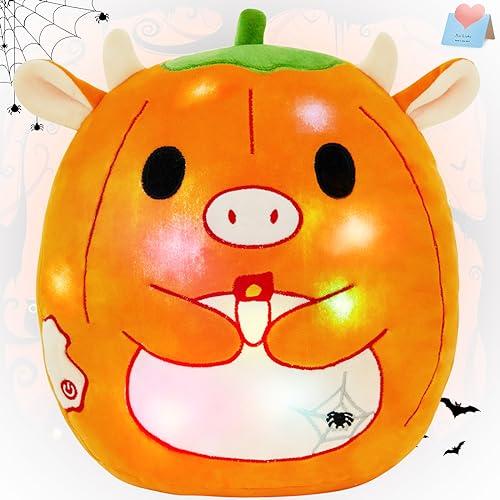 Light Up Pumpkin Cow Stuffed Halloween Plush Pillow with LED Light Stuffed Animals Soft Pillow Halloween for Boys Girls