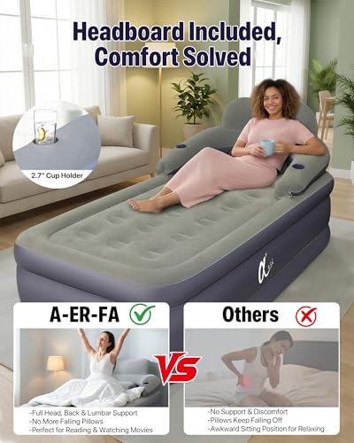 Twin XL Air Mattress with Built-In Rechargeable Pump & Detachable Headboard