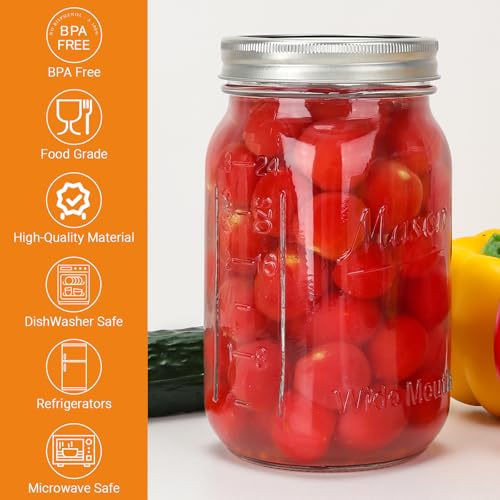 CycleMore 32oz Wide Mouth Mason Jars - 12 Pack Large Glass Food Storage Containers with Airtight Lids