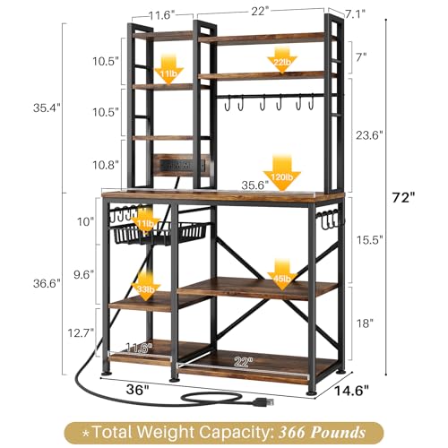 SNTD Rustic Brown 6-Tier Bakers Rack with Power Outlets, 36 x 14.6 x 72 in Kitchen Storage