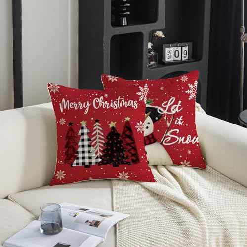 TAJWE Christmas Pillow Covers 18x18 Set of 2 Let it Snow Snowman Christmas Trees Xmas Throw Lumbar Cushion Cases for Couch Sofa Home Decorations
