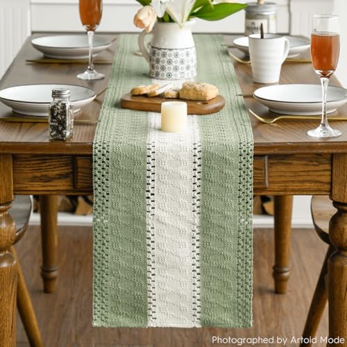 Artoid Mode Light Green Farmhouse Rustic Table Runner, Seasonal Hollow Kitchen Dining Table Decoration for Home Party Decor 12x72 Inch