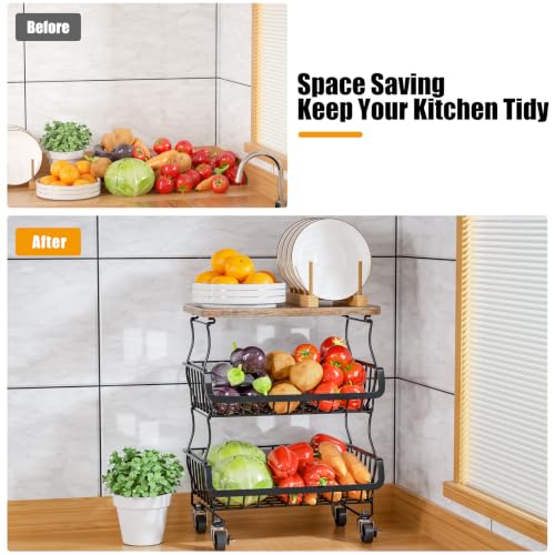 4-Tier Fruit and Vegetable Basket with Wheels - Black, Kitchen Organizer