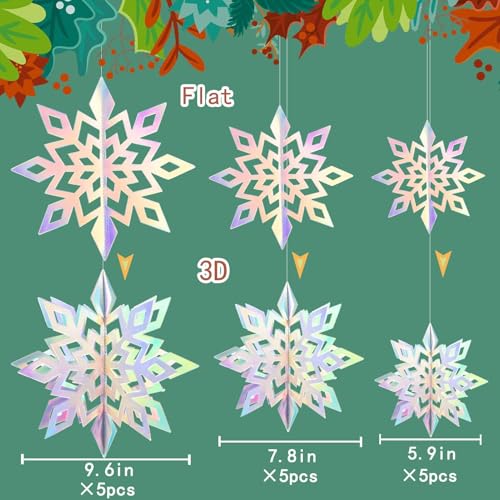 GuassLee Christmas Hanging Snowflakes Decorations Clearance 15pcs 3D Iridescent Paper Snowflakes Snow Flakes Garland for Winter Wonderland Frozen Christmas Birthday Party Decorations