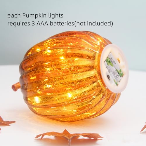 HVTDECOR 8-inch Gold Mercury Glass Pumpkin Lights with Timer - Battery Operated Halloween & Fall Decor
