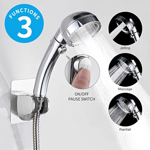 KAIYING Chrome High Pressure Handheld Shower Head with Pause Button and 3 Settings