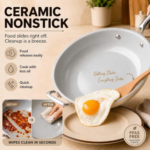 Kikcoin 12 Inch Ceramic Nonstick Deep Frying Pan with Lid, 5 QT - Cream & Grey