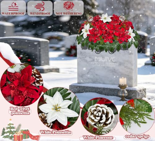 MUVIC 3-Piece Artificial Grave Flowers for Cemetery Christmas Set with Ground Spikes