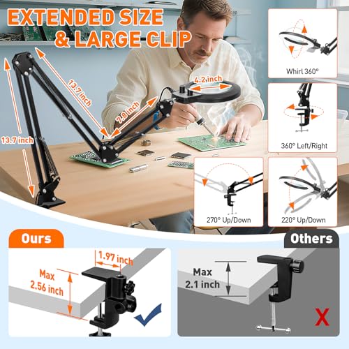 12X Magnifying Glass with Light & Extra-Long 35 Inch Clamp Stand - Adjustable LED Lamp