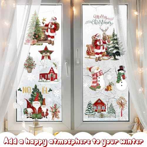 6 Sheets Christmas Window Clings Merry Christmas Santa Reindeer Snowman Window Stickers Decals for Glass Xmas Holiday Home Office Decor
