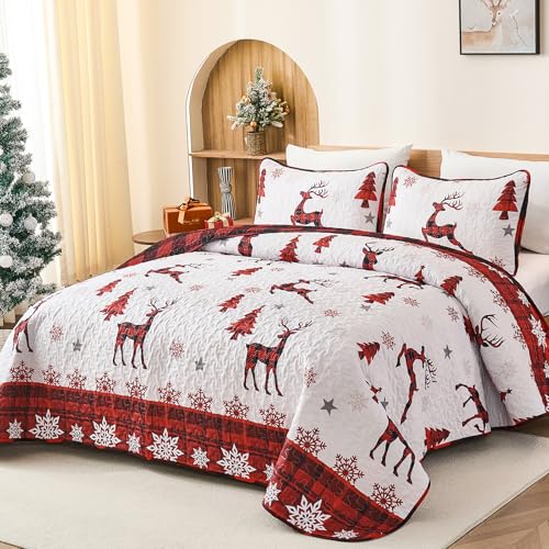 Dinjoy Christmas Quilt Set King Size Red Deer Plaid 3-Piece