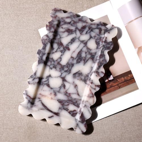 Natural Marble Vanity Tray - Rectangular Calacatta Viola with Scalloped Edge, 11.8 x 7.4 Inches