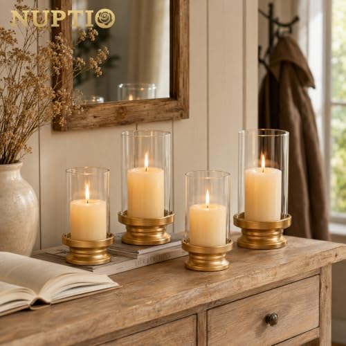 NUPTIO Matte Gold Hurricane Candle Holders Set of 2 - Pillar Candle Decor, Open-End Design, Small & Large Sizes