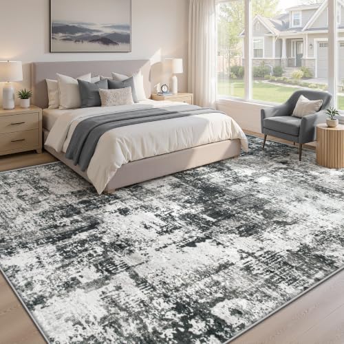 MXSANYOO 8x10 Black Grey Washable Area Rug Non-Slip Stain-Resistant Modern Indoor Carpet for Dining & Bedroom