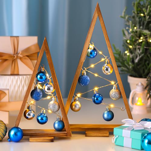 Hungdao 2 Pack Blue Wooden Christmas Tree with LED Lights & Silver Balls - Tabletop Holiday Decor