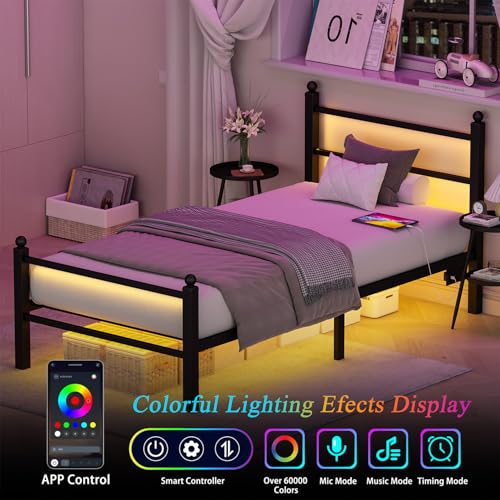 Twin Bed Frame with Headboard & Footboard - Off White, RGB LED Lights, USB Charging, Under Bed Storage - Twin Size Gohapnis