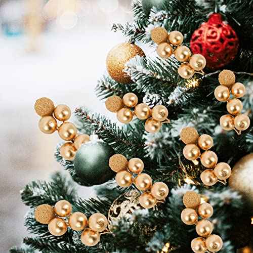 24 Pack Artificial Gold Christmas Glitter Berries Stems, Christmas Holly Berry Picks for DIY Crafts Wreath Garland Party Christmas Tree Ornaments Winter Decorations