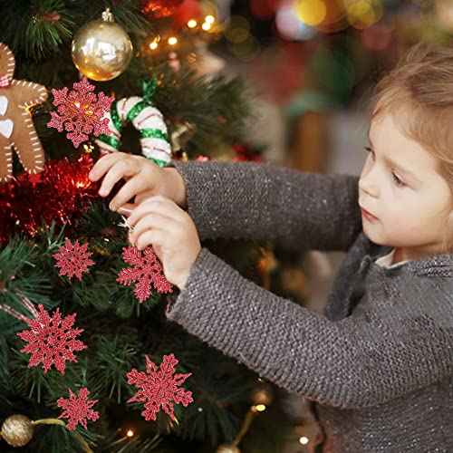 36Pcs Red Snowflake Ornaments, Plastic Glitter Snow Flakes Ornaments for DIY Winter Christmas Tree Decorations,New Year Party Home Decorations