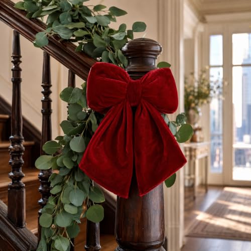 Red Velvet Christmas Tree Bow Topper 8.3in Holiday Wreath Decoration