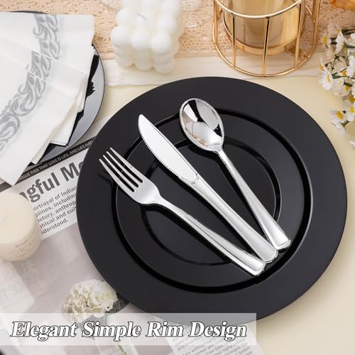 200PCS Black Plastic Dinner and Dessert Plates Set - Disposable Party Tableware
