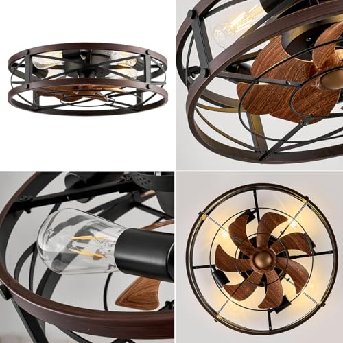 SHLUCE Black & Brown 20 Inch Caged Ceiling Fan with Light & Remote