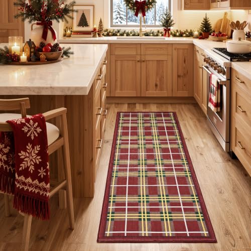 Jinchan 2x5 Christmas Runner Rug, Tart an Plaid - Red/Green, Washable Entryway Hallway