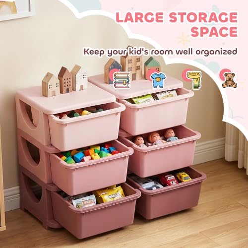 Qaba 6 Drawers Kids Storage Unit 3 Tier Toy Organizers Pink