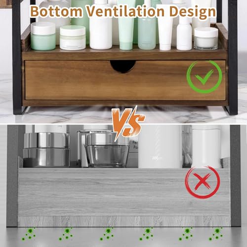 Acacia Wood Bathroom Counter Organizer with Drawer - Dark Brown, 2-Tier Vanity Shelf