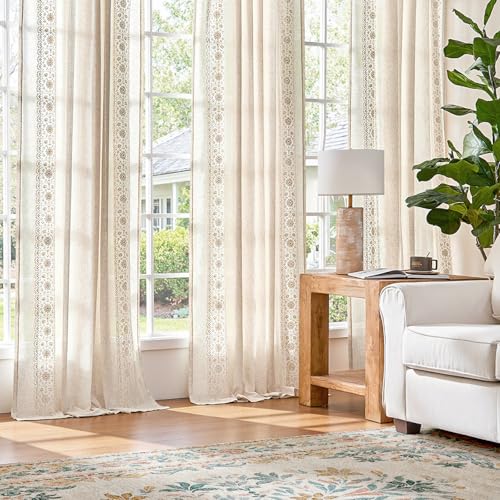 Linen Floral Embroidered Window Curtains - 54x84 Inches, 2 Panels