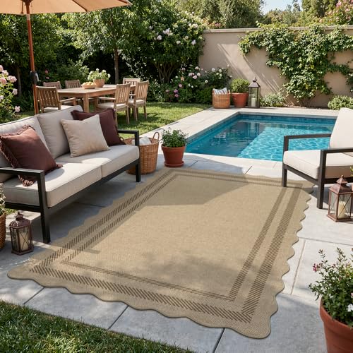 LIVEBOX Scalloped Easy Jute 4x6 Outdoor Rug, Washable Non Slip