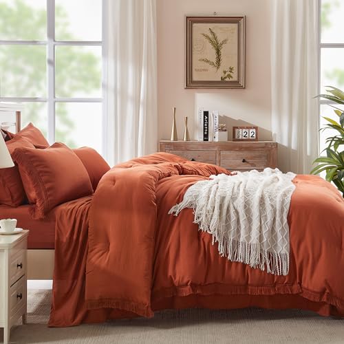 Andency King Comforter Set with Tassels - Burnt Orange 7-Piece Bedding