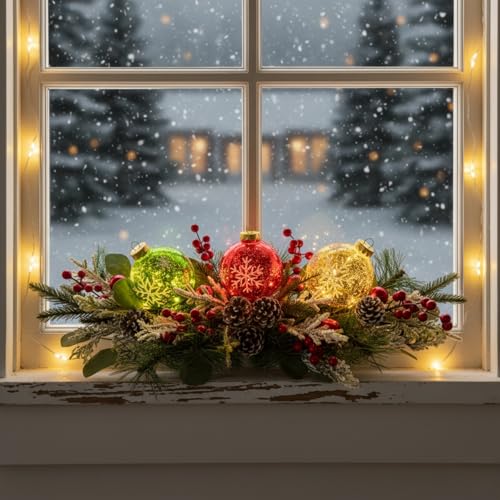 Lighted Christmas Centerpiece with Snowflake Ornaments, Holiday Decor