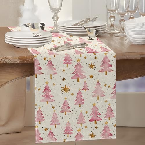 Christmas Table Runner 13x72 Inch, Pink Merry Christmas Trees Table Decors for Seasonal Winter Xmas Holiday Farmhouse Home Kitchen Dining Party