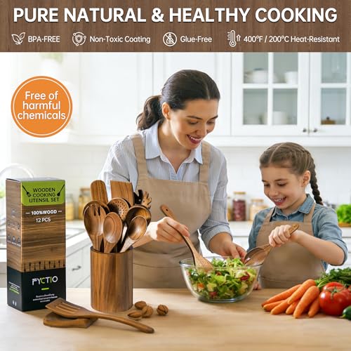 12 PCS Wooden Utensil Set with Storage Stand - Acacia Kitchen Tools for Cooking