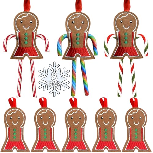Set of 8 Felt Gingerbread Candy Cane Ornaments for Christmas Tree Decorations